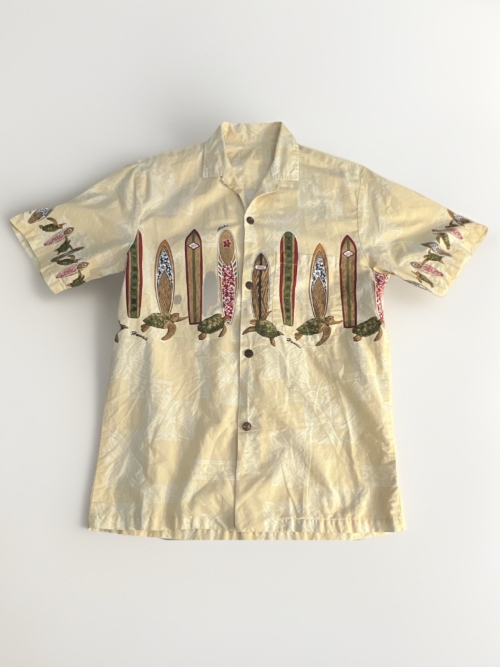 Vintage Surfboard & Turtle Hawaiian Shirt - Pale Yellow